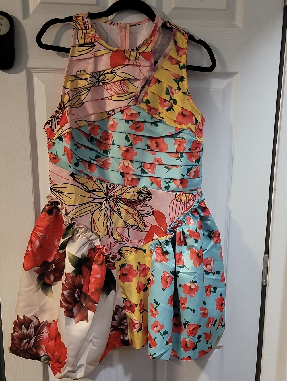 Floral Patchwork A-Line Dress in Pink, Blue, Yellow and Red